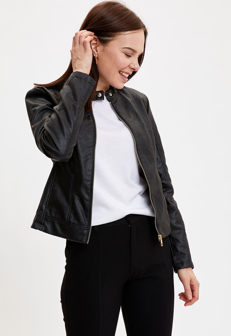 jacheta neagra piele ecologica Jacheta neagra fermoar